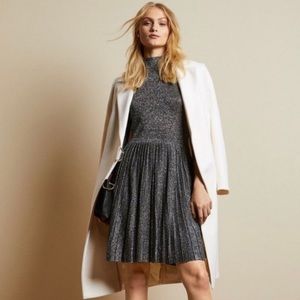 High neck, knit long sleeve dress, gunmetal sparkle